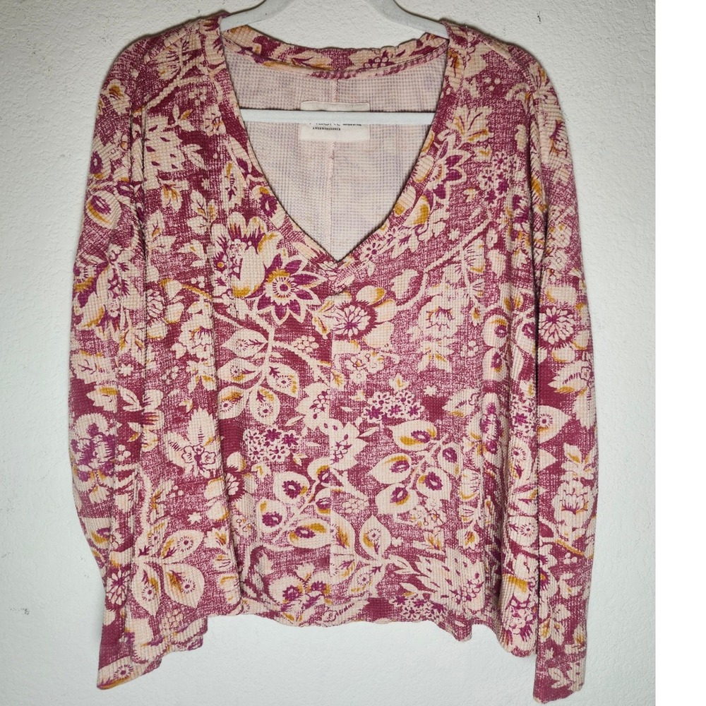 Pilcro Waffle Knit Top Womens Medium Pink Floral V-Neck Thermal Anthropologie
